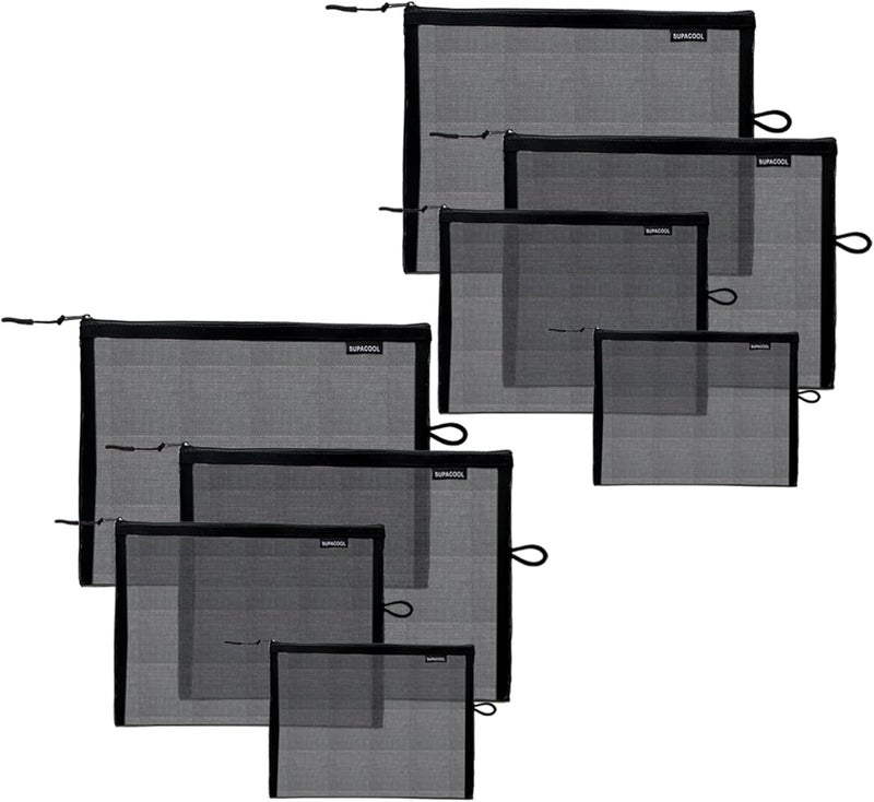 SUPACOOL Set of 8 Travel Mesh Makeup Bag, Cosmetic Organizer Pouche with Zipper, Diaper Organizing Pouches, Nylon Toiletries Bag for Women and Men(8pcs, Black)