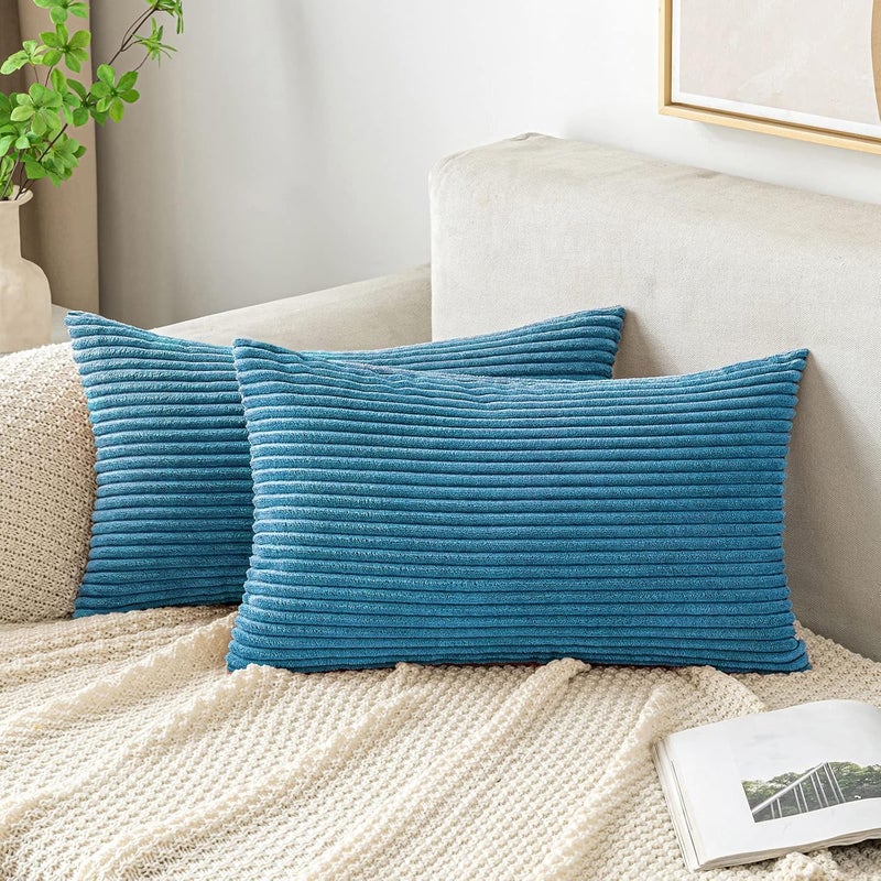 EMEMA Cushion Covers Corduroy Oblong Throw Pillow Covers Striped Soft Sham Home for Sofa Couch Bedroom Decorative Pillowcases 12x20 Inch 30x50cm Set of 2 Lake-blue - Image 1