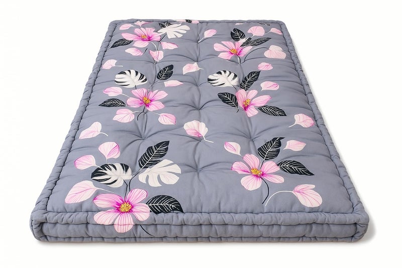 Deevine Craft Soft Thick Cotton Floor Box Mattress with Grey Floral Pattern, Grey and Pink, Cotton Quilt Box Mattress 72X36X5 inches - Image 2