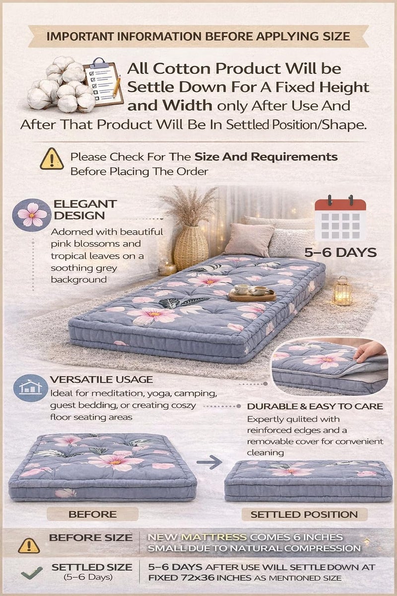 Deevine Craft Soft Thick Cotton Floor Box Mattress with Grey Floral Pattern, Grey and Pink, Cotton Quilt Box Mattress 72X36X5 inches - Image 5