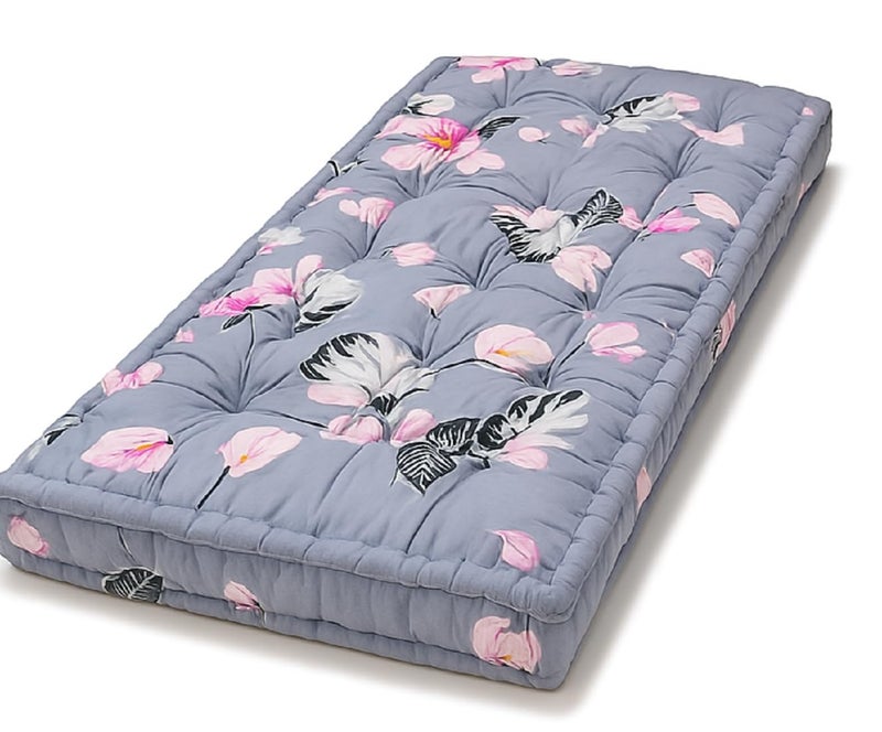 Deevine Craft Soft Thick Cotton Floor Box Mattress with Grey Floral Pattern, Grey and Pink, Cotton Quilt Box Mattress 72X36X5 inches - Image 1