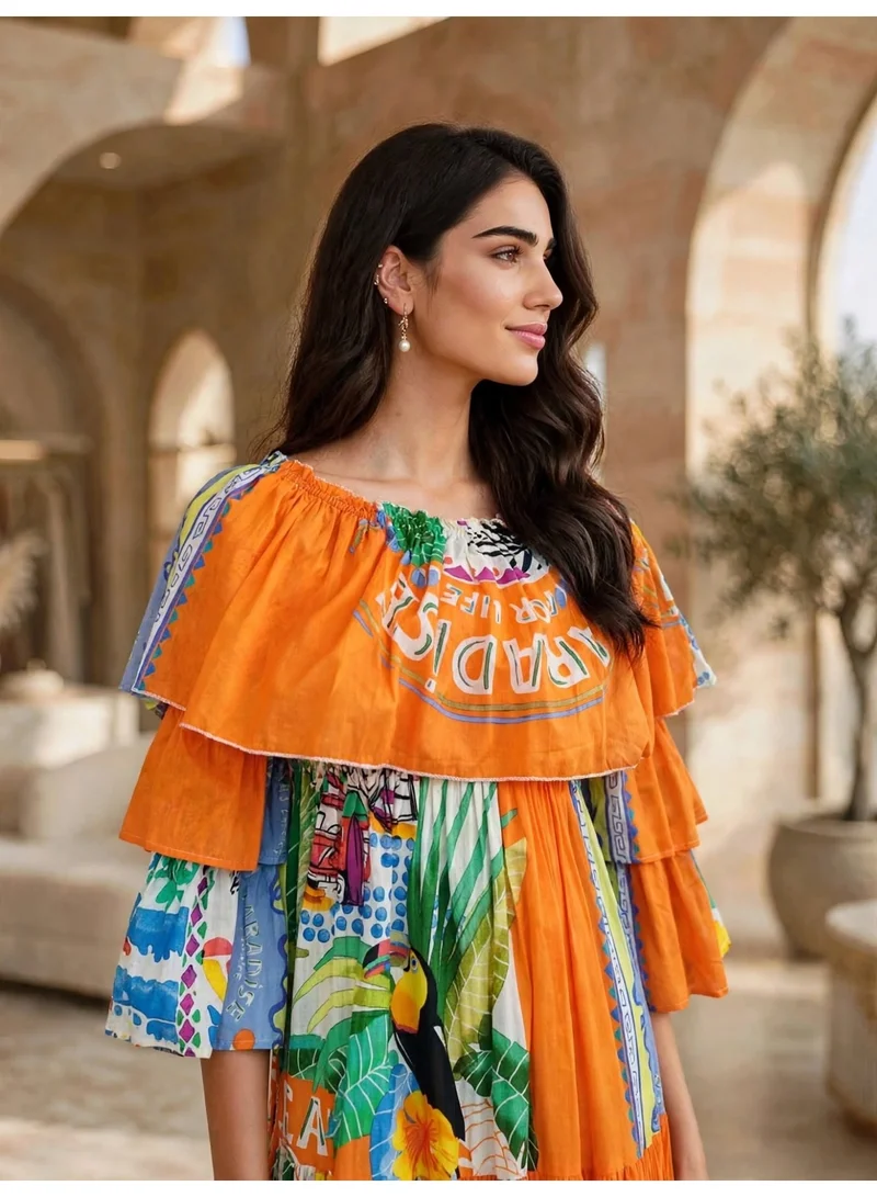 اكسا IKKXA Elegant Printed Tiered Flared Maxi Dress