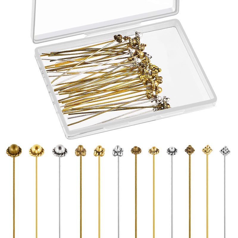 Mtlee 60 Pieces Head Pins for Jewelry Making Flower Beads Ball Pins 21 Inch with Clear Box for Jewelry Making Earring Bracelet DIY Accessories Silver 3 ColorsChic Style