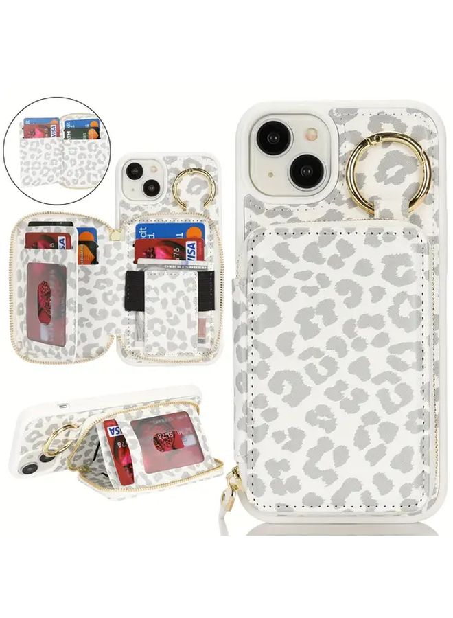 White Leopard Print Phone Wallet Compatible with iPhone 15 Plus Card Slot Zipper Compartment Ring Holder - Image 1