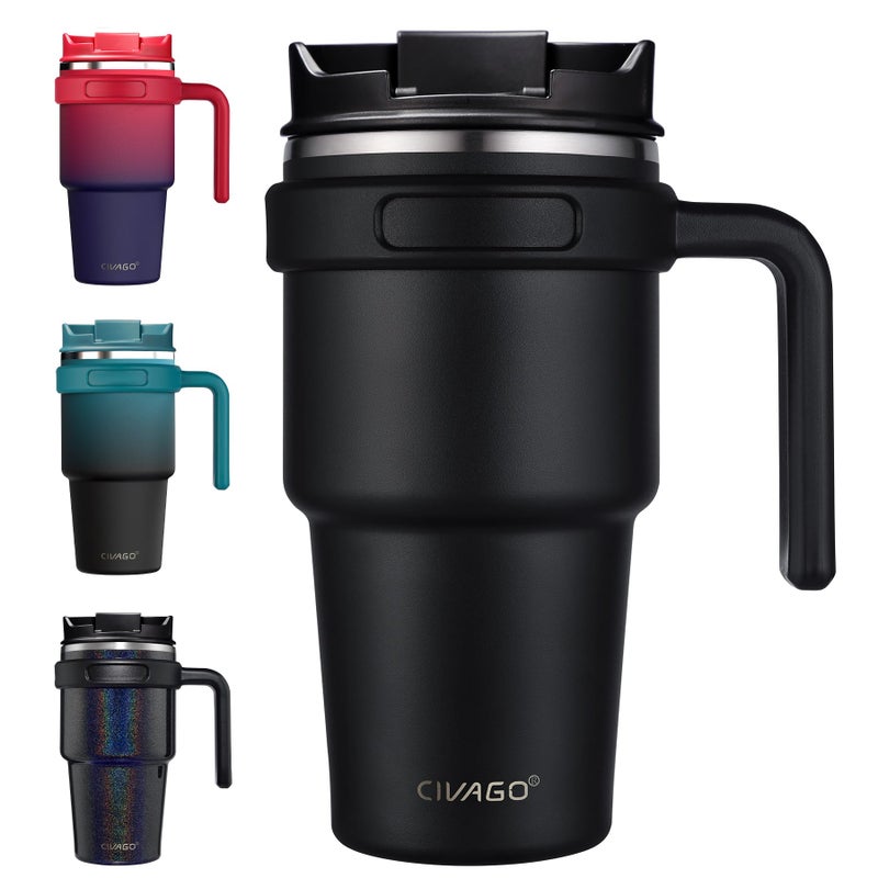 CIVAGO 20 oz Tumbler Mug with Lid and Straw Insulated Travel Coffee Mug with Handle Double Wall Stainless Steel Vacuum Coffee Tumbler Thermal Coffee Cup Flip lid Black