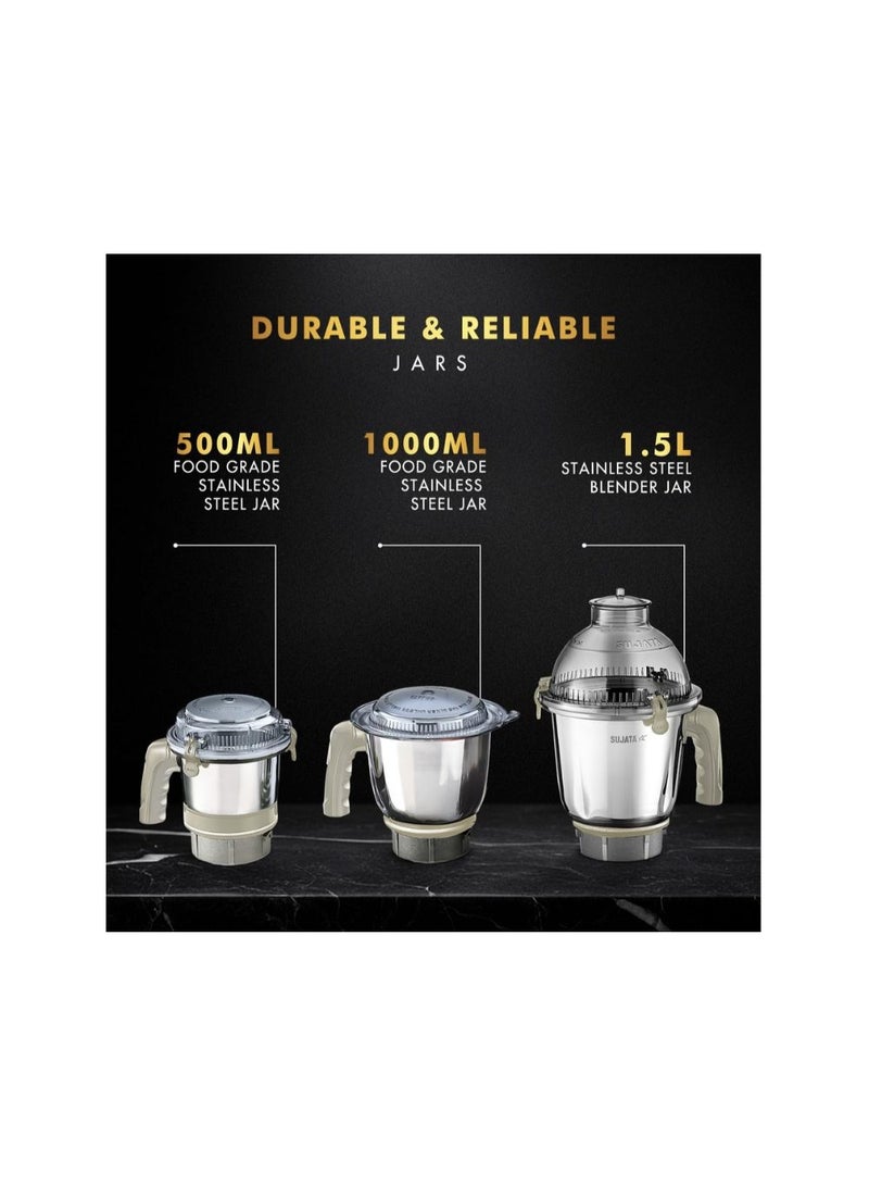 SUJATA 1000W Mixer Grinder with 24,000 RPM Motor | Double Ball Bearing Motor | 90-Minute Non-Stop Running | 3 Food-Grade Stainless Steel Jars | 1500ml Multipurpose Jar | 1000ml Grinder Jar | 500ml Chutney Jar |MG02 Beige & White - Image 2