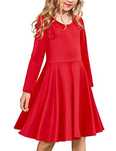 Arshiner Girls' Cotton Long Sleeve Twirly Skater Party Dress,Red,140(Age for 9Years) - Image 1