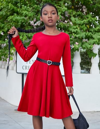 Arshiner Girls' Cotton Long Sleeve Twirly Skater Party Dress,Red,140(Age for 9Years) - Image 4