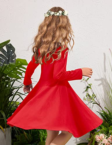 Arshiner Girls' Cotton Long Sleeve Twirly Skater Party Dress,Red,140(Age for 9Years) - Image 2