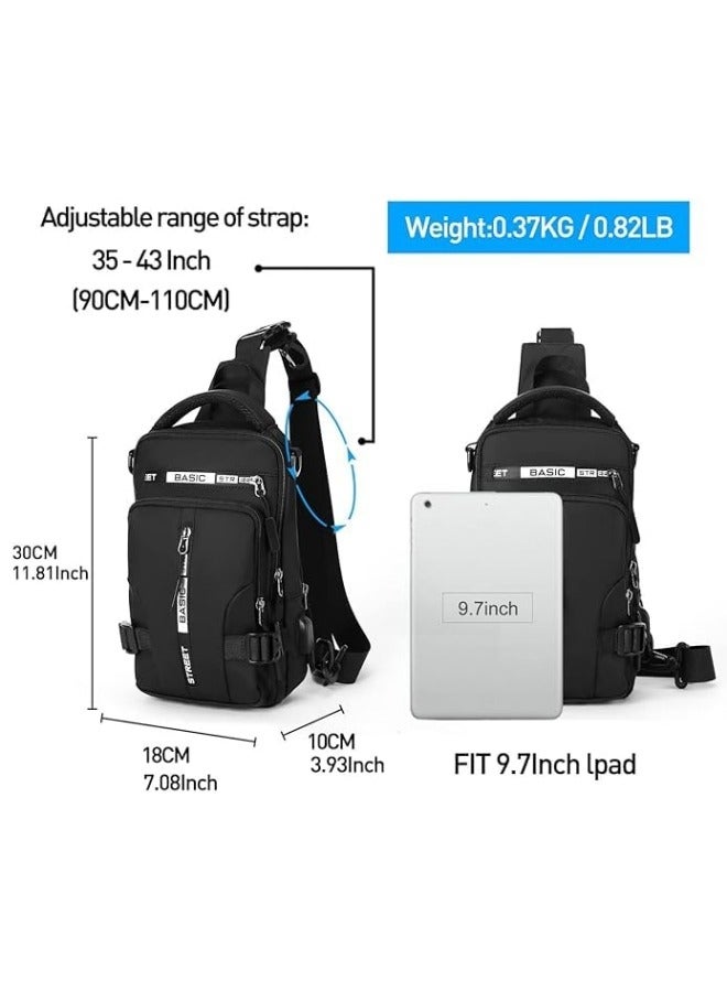 GGEROU Men Sling Bag Shoulder Crossbody Backpack with Adjustable Strap Waterproof Chest Bag with USB Charging Port Casual Daypack Black - Image 3