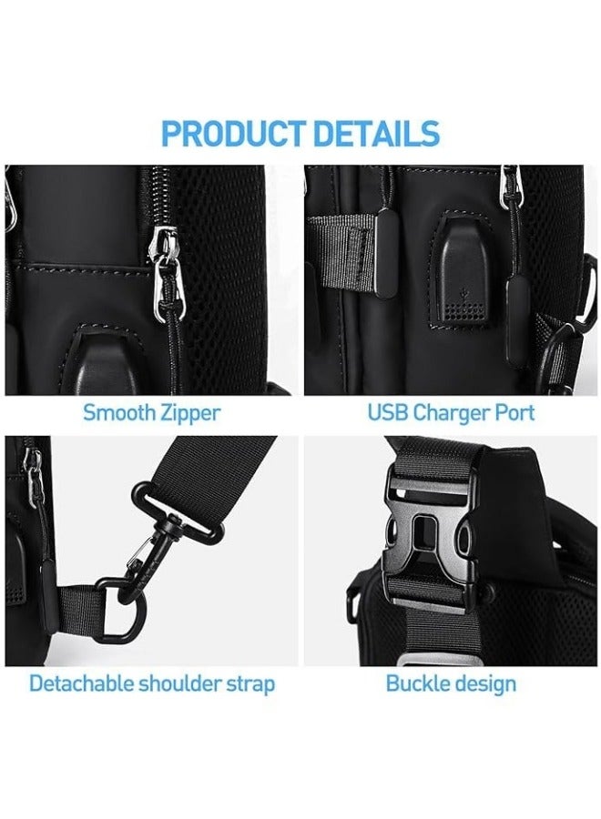 GGEROU Men Sling Bag Shoulder Crossbody Backpack with Adjustable Strap Waterproof Chest Bag with USB Charging Port Casual Daypack Black - Image 5