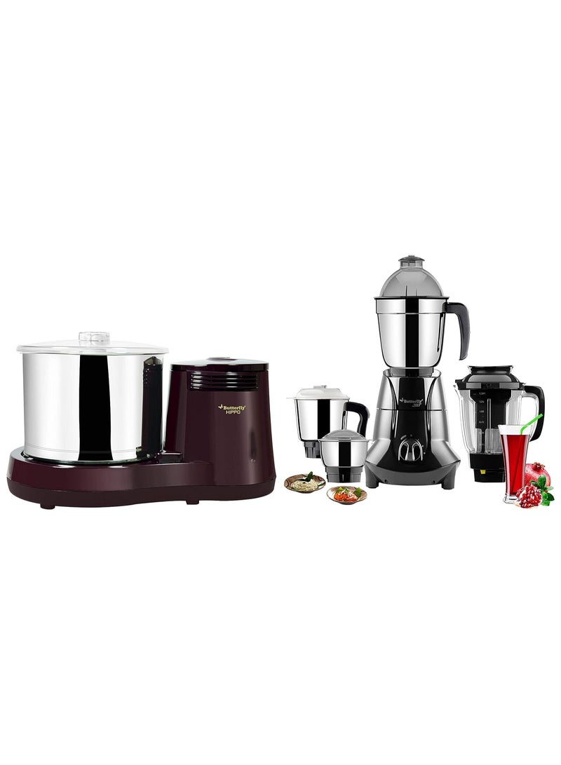 باترفلاي Butterfly Jet Elite 750-Watt Mixer Grinder with 4 Jars (Grey) & Hippo 2.0 L Table Top Wet Grinder, Cherry Combo - Image 1