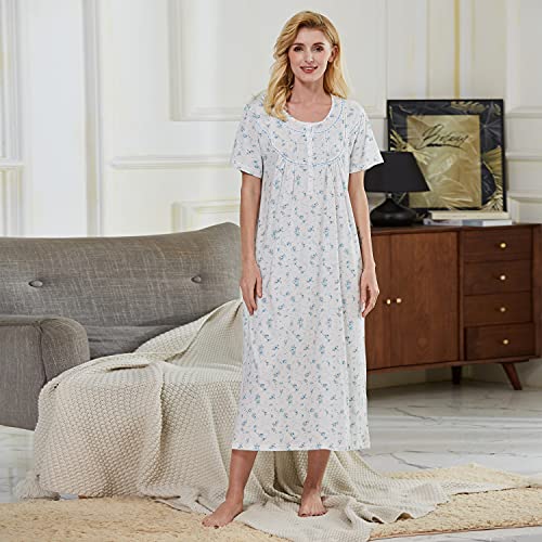 Keyocean Short Sleeves Women Nightgowns, Soft Comfortable 100% Cotton Knit Lightweight Ladies Nightdress, Blue Floral, Large - Image 3
