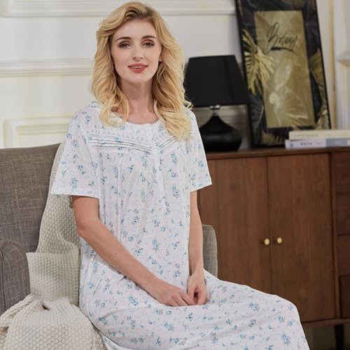 Keyocean Short Sleeves Women Nightgowns, Soft Comfortable 100% Cotton Knit Lightweight Ladies Nightdress, Blue Floral, Large - Image 5