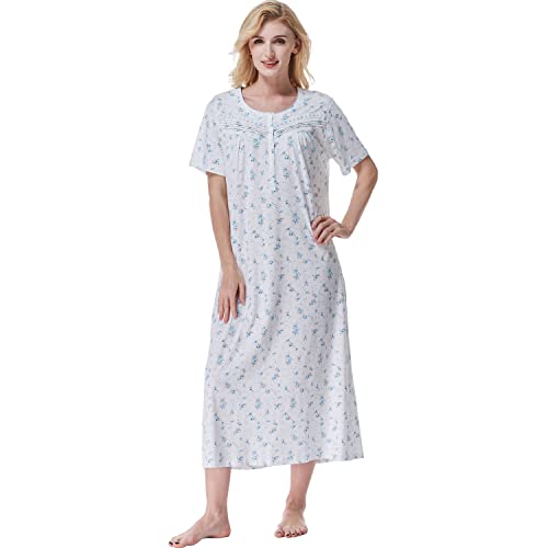 Keyocean Short Sleeves Women Nightgowns, Soft Comfortable 100% Cotton Knit Lightweight Ladies Nightdress, Blue Floral, Large - Image 1