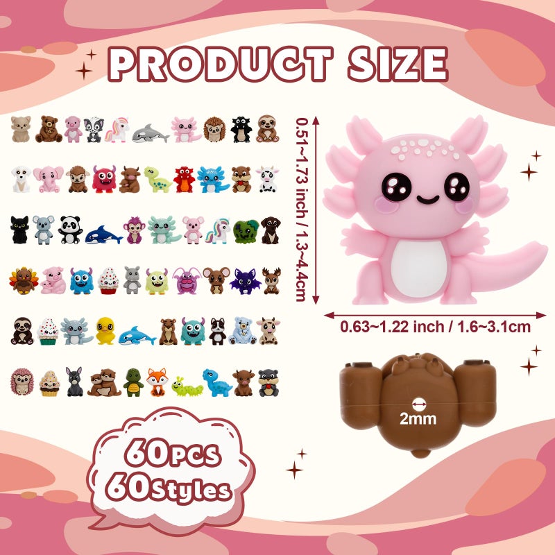 Ferreve 60 Pcs 3D Animal Silicone Focal Beads for Pens, Keychain Making, Focal Beads Bulk for Beadable Keychain DIY Crafts Necklace Bracelet Phone Chain Charms Jewelry Making - Image 3