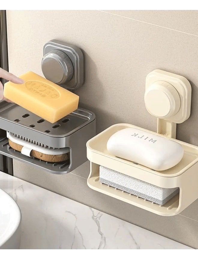 Reelyo Soap Dish Holder for Shower Double Layer Suction Cup Wall Mounted NO-Drilling Self Draining Removable Waterproof Strong Suction Bar Soap Sponge Holder for Shower Bathroom Bathtub Kitchen - Image 4