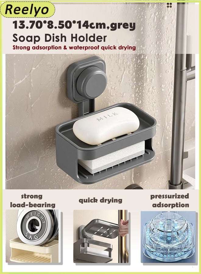Reelyo Soap Dish Holder for Shower Double Layer Suction Cup Wall Mounted NO-Drilling Self Draining Removable Waterproof Strong Suction Bar Soap Sponge Holder for Shower Bathroom Bathtub Kitchen - Image 1
