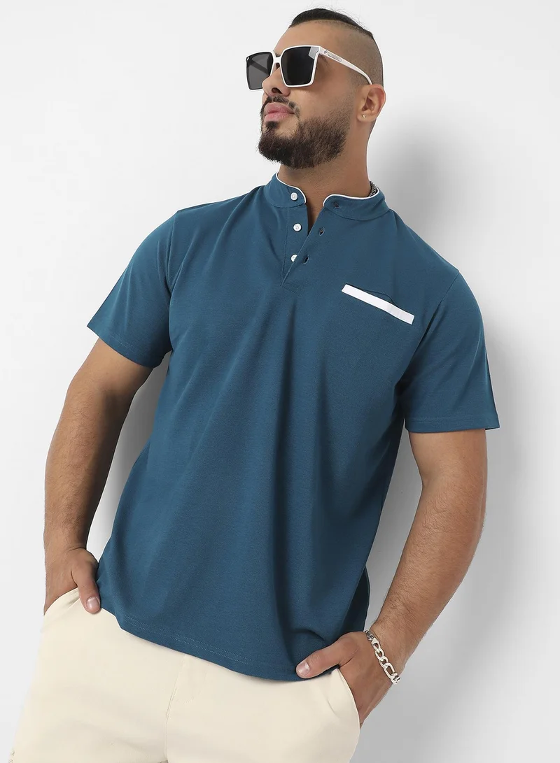 Instafab Plus Men's Teal Blue T-Shirt With Contrast Detail For Casual Wear | Mandarin Collar | Short Sleeve | Half-Button Closure | T-Shirt Crafted With Comfort Fit For Everyday Wear