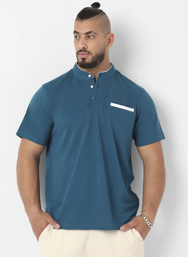 Instafab Plus Men's Teal Blue T-Shirt With Contrast Detail For Casual Wear | Mandarin Collar | Short Sleeve | Half-Button Closure | T-Shirt Crafted With Comfort Fit For Everyday Wear