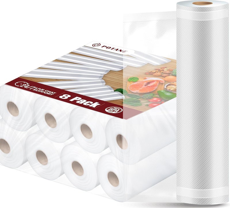 Potane 8 Pack 8"x20'(8Rolls) Thickened Vacuum Sealer Bags For Food, Textures on Both Sides, Smell-Proof, Heavy Duty for , Food Saver, Weston, Sous Vide - Image 1