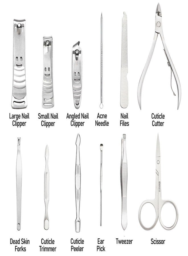 Falari Manicure Set Pedicure Kit Stainless Steel 12 Pcs Set Toe Finger Nail Clipper Personal Care Grooming For Men Women with Luxurious Travel Case - Silver - Image 2