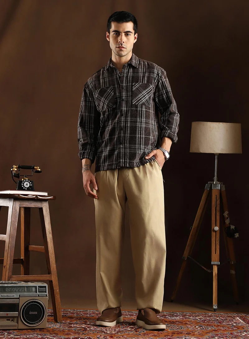 Campus Sutra Campus Sutra Men's Midnight Black Multi-Check Utility Shacket For Casual Wear | Spread Collar | Long Cuffed Sleeves | Button Closure | Overshirt/Shacket Crafted With Comfort Fit For Everyday Wear