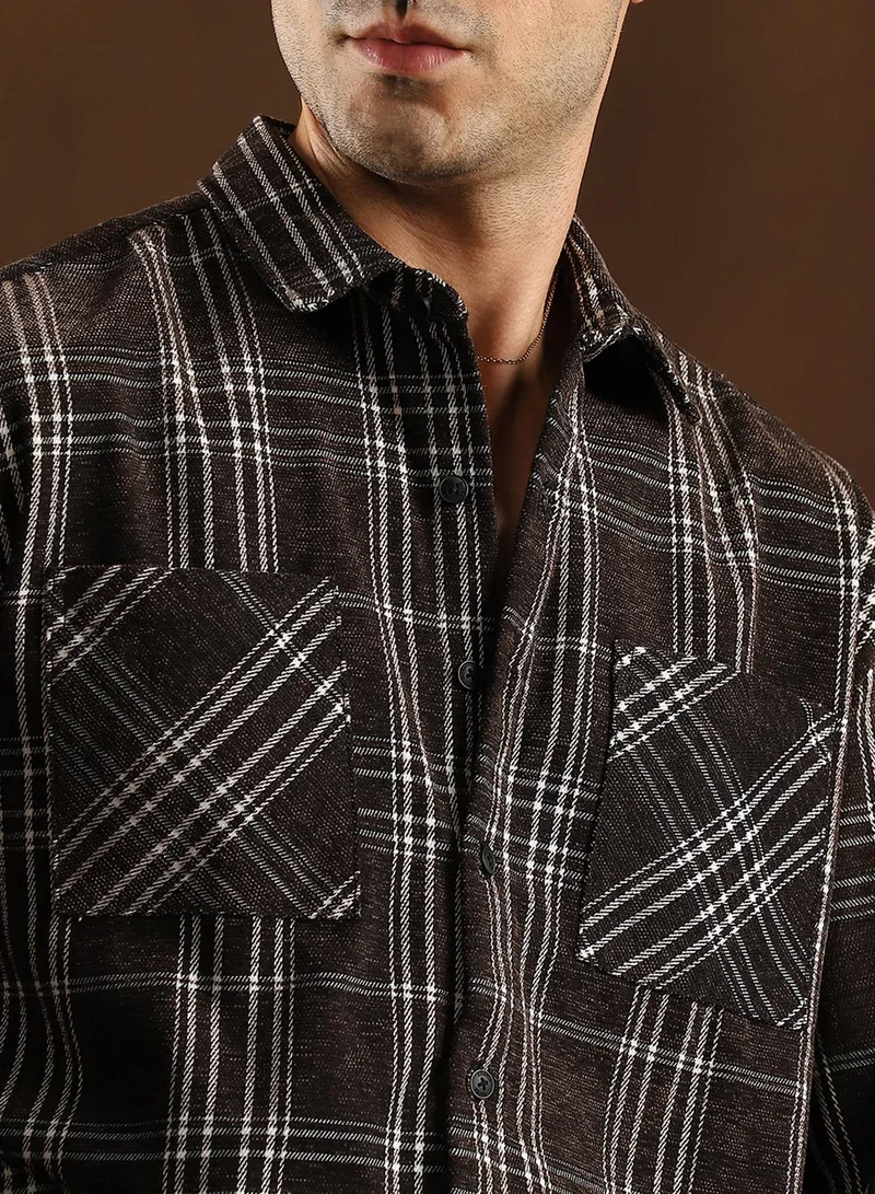 Campus Sutra Campus Sutra Men's Midnight Black Multi-Check Utility Shacket For Casual Wear | Spread Collar | Long Cuffed Sleeves | Button Closure | Overshirt/Shacket Crafted With Comfort Fit For Everyday Wear