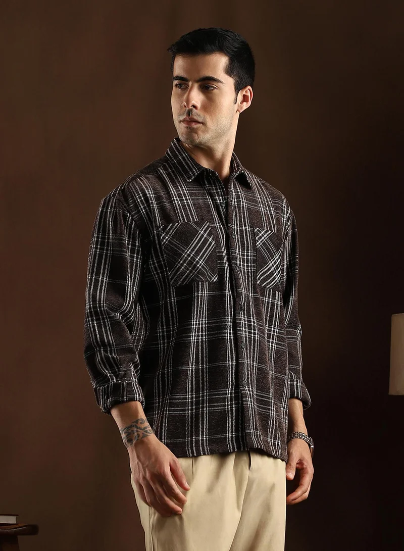 Campus Sutra Campus Sutra Men's Midnight Black Multi-Check Utility Shacket For Casual Wear | Spread Collar | Long Cuffed Sleeves | Button Closure | Overshirt/Shacket Crafted With Comfort Fit For Everyday Wear