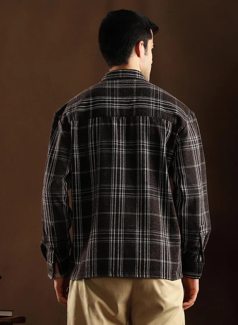 Campus Sutra Campus Sutra Men's Midnight Black Multi-Check Utility Shacket For Casual Wear | Spread Collar | Long Cuffed Sleeves | Button Closure | Overshirt/Shacket Crafted With Comfort Fit For Everyday Wear