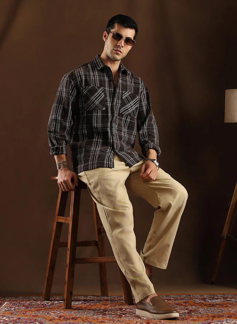 Campus Sutra Campus Sutra Men's Midnight Black Multi-Check Utility Shacket For Casual Wear | Spread Collar | Long Cuffed Sleeves | Button Closure | Overshirt/Shacket Crafted With Comfort Fit For Everyday Wear