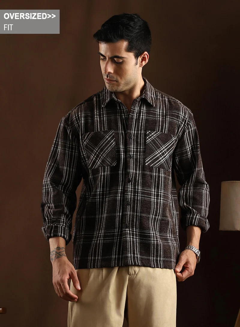 Campus Sutra Campus Sutra Men's Midnight Black Multi-Check Utility Shacket For Casual Wear | Spread Collar | Long Cuffed Sleeves | Button Closure | Overshirt/Shacket Crafted With Comfort Fit For Everyday Wear