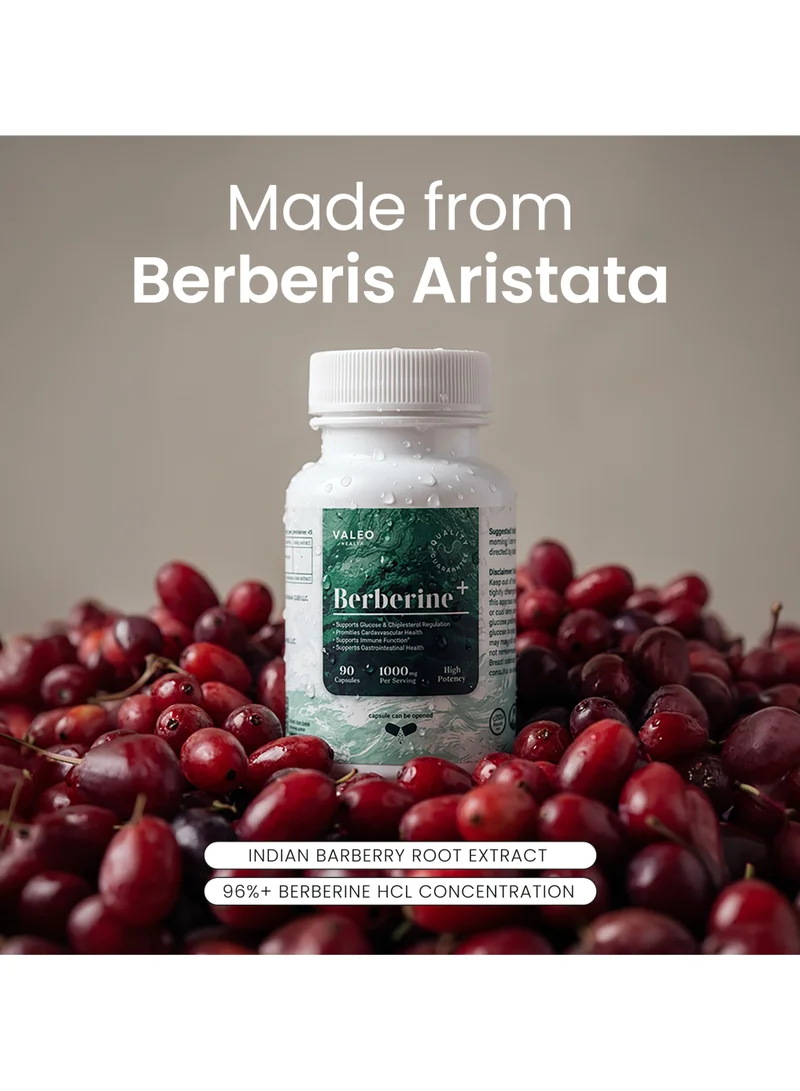 فاليو Valeo Berberine+ | 1000 ملغ بربرين هيدروكلوريد | نقاء بنسبة تزيد عن 96% | 90 كبسولة | دعم مستويات سكر الدم والكوليسترول | صحة التمثيل الغذائي | المساعدة في إنقاص الوزن | مناسب للنباتيين | معتمد وفق معايير GMP