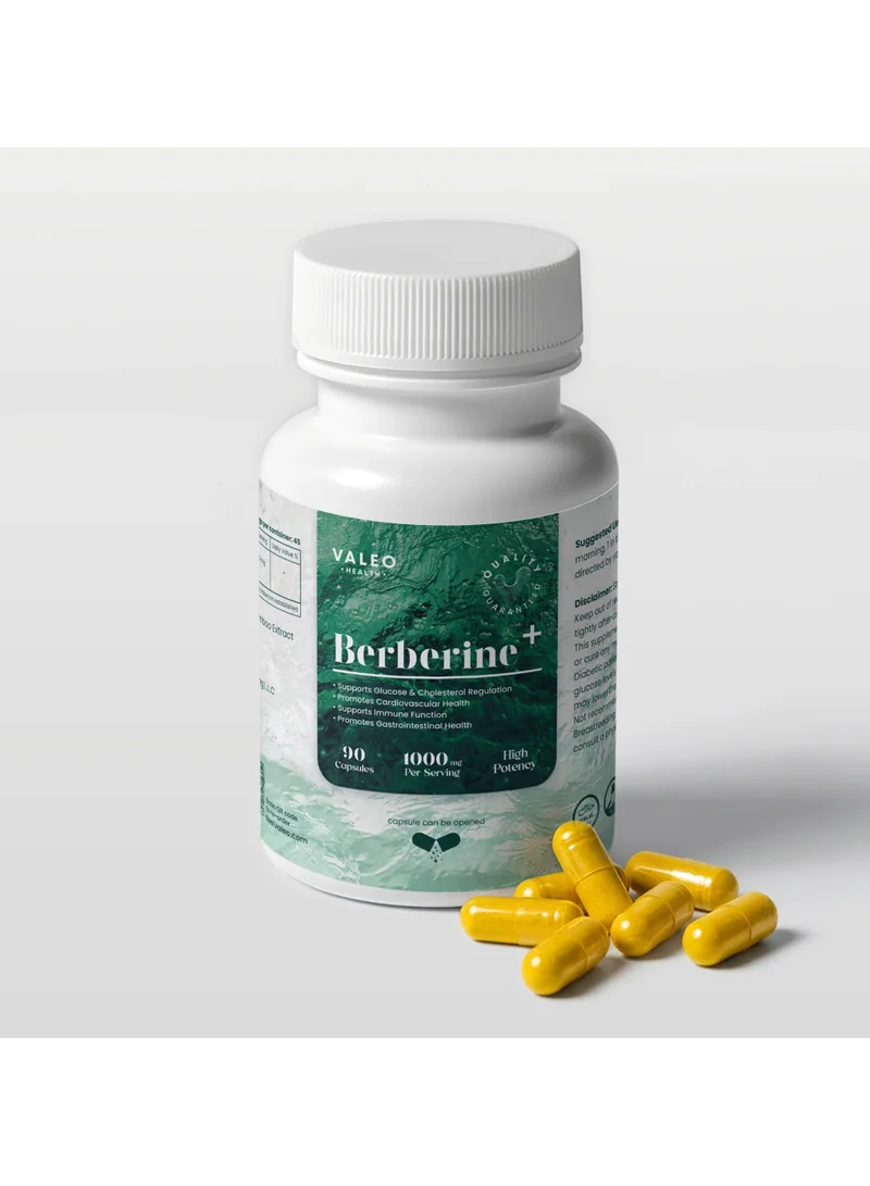 فاليو Valeo Berberine+ | 1000 ملغ بربرين هيدروكلوريد | نقاء بنسبة تزيد عن 96% | 90 كبسولة | دعم مستويات سكر الدم والكوليسترول | صحة التمثيل الغذائي | المساعدة في إنقاص الوزن | مناسب للنباتيين | معتمد وفق معايير GMP