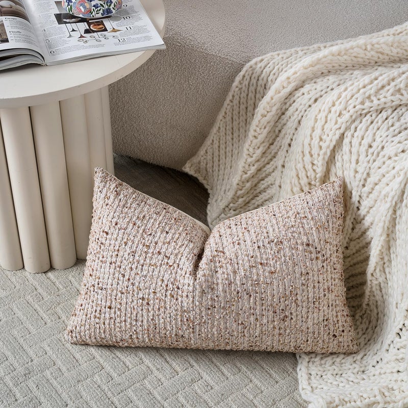 DEZENE 12x20 Beige Lumbar Pillow Cover Textured Boucle Striped Chic Morden Boho Accent Farmhouse Rectangular Decorative Couch Pillow Case for Home Decor Bed Sofa Living Room - Image 4