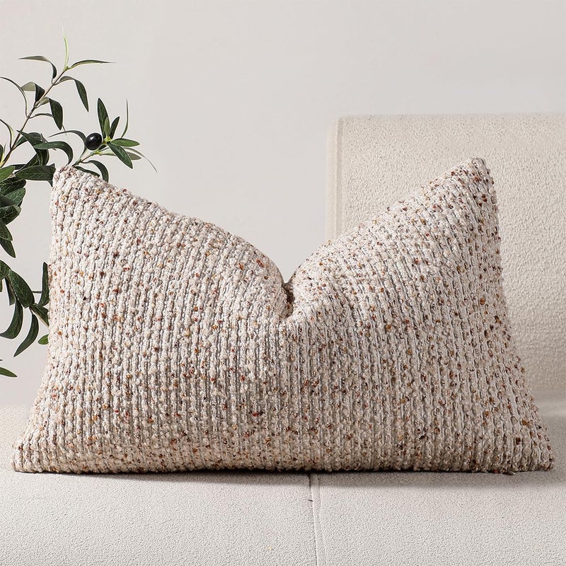 DEZENE 12x20 Beige Lumbar Pillow Cover Textured Boucle Striped Chic Morden Boho Accent Farmhouse Rectangular Decorative Couch Pillow Case for Home Decor Bed Sofa Living Room - Image 1