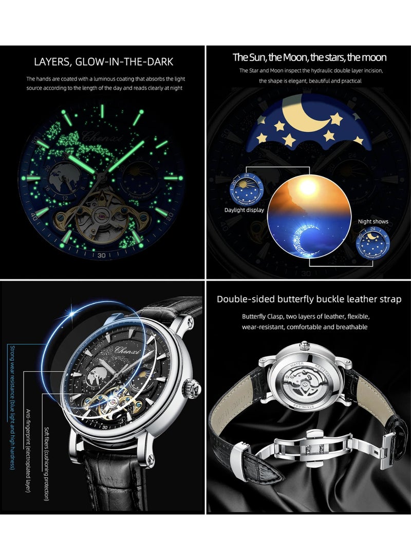 Chenxi Men's Watch Luminous Starry Sky with Moon Phase Tourbillon, Mechanical Automatic Self-wind Fashion Watches, Stainless Steel Case Leather Belt Wristwatch - Image 3