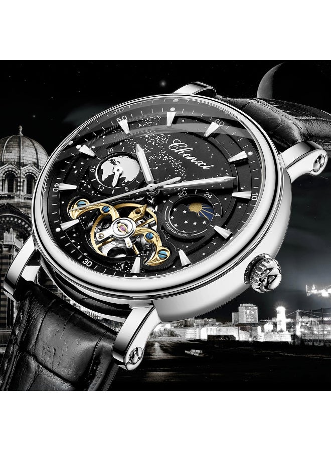 Chenxi Men's Watch Luminous Starry Sky with Moon Phase Tourbillon, Mechanical Automatic Self-wind Fashion Watches, Stainless Steel Case Leather Belt Wristwatch - Image 2