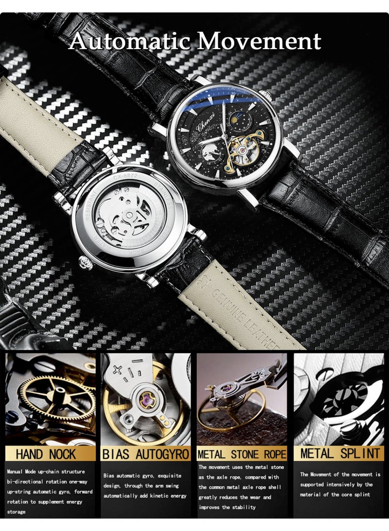 Chenxi Men's Watch Luminous Starry Sky with Moon Phase Tourbillon, Mechanical Automatic Self-wind Fashion Watches, Stainless Steel Case Leather Belt Wristwatch - Image 5