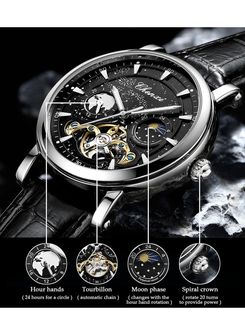 Chenxi Men's Watch Luminous Starry Sky with Moon Phase Tourbillon, Mechanical Automatic Self-wind Fashion Watches, Stainless Steel Case Leather Belt Wristwatch - Image 4