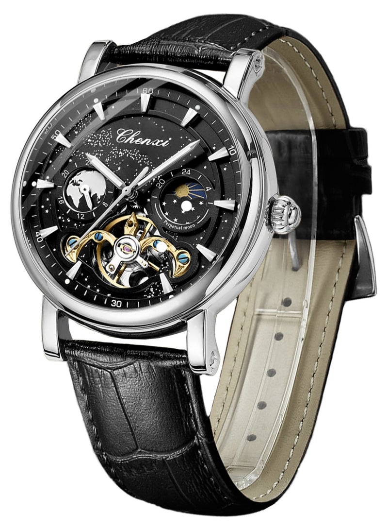 Chenxi Men's Watch Luminous Starry Sky with Moon Phase Tourbillon, Mechanical Automatic Self-wind Fashion Watches, Stainless Steel Case Leather Belt Wristwatch - Image 1