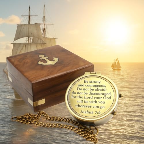 OCEAN REPLICAS Be Strong and Courageous Compass – Antique Nautical Magnetic Compass with Engraved Scripture Quote – Baptism Gift with Wooden Box for Son, Father, Husband, Loved One - Image 1