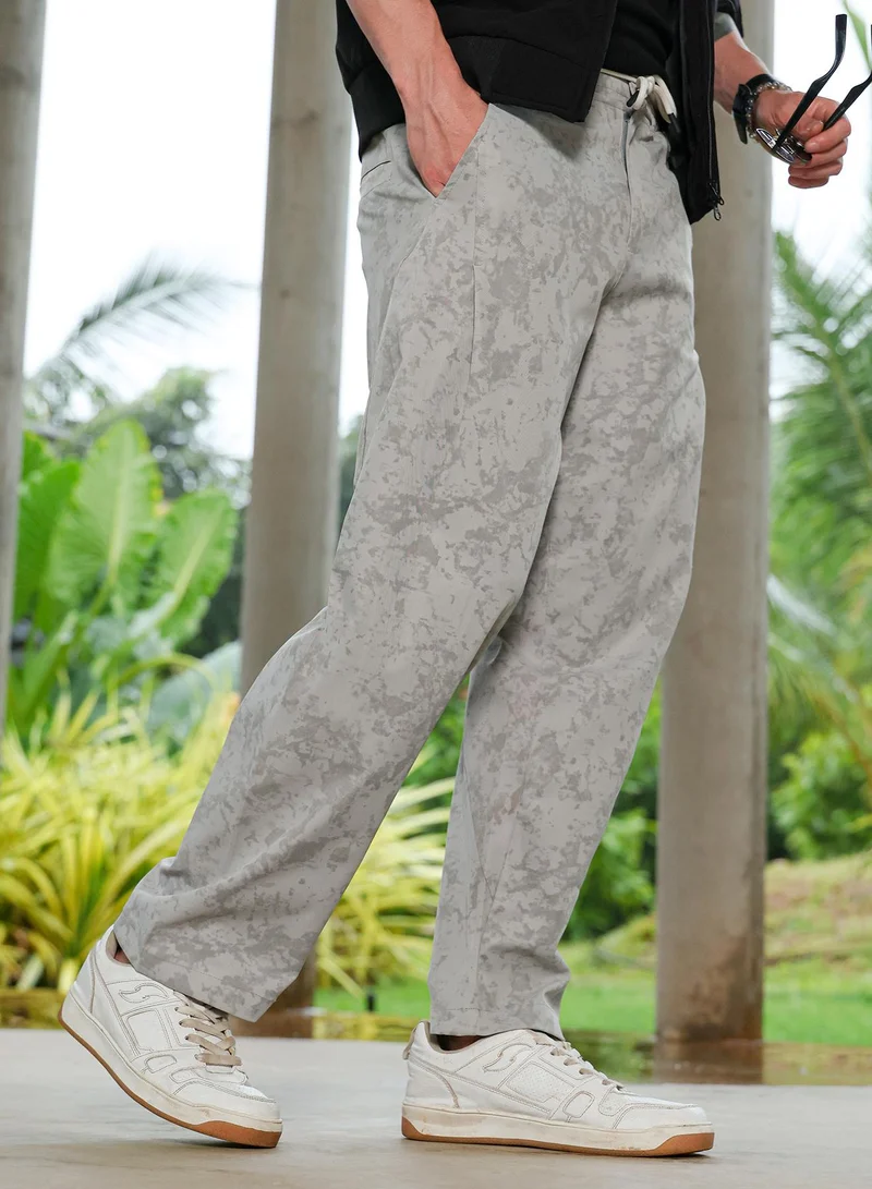 Men Splatter-Imprint Straight-Fit Trousers | Mid-Rise, Elasticated Stretch | Drawstring , Straight Hem | Abstract Print Twill | Woven Fabric For Casual & Street Wear | Coin Grey