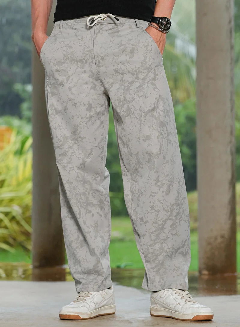 Campus Sutra Men Splatter-Imprint Straight-Fit Trousers | Mid-Rise, Elasticated Stretch | Drawstring , Straight Hem | Abstract Print Twill | Woven Fabric For Casual & Street Wear | Coin Grey