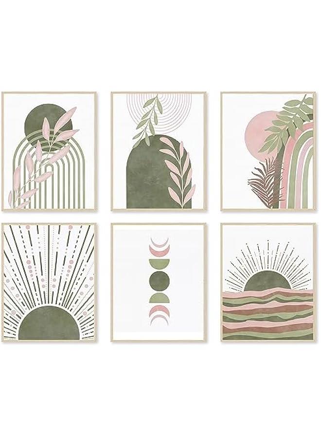 KBKBART مطبوعات فنية جدارية بنمط بوهو اخضر مريمي، ديكور حائط بوهو هندسي تجريدي على شكل ورقة شجر وقمر وخط قوس قزح، لوحات بوهو خضراء بسيطة لديكور غرفة النوم والمعرض وغرفة المعيشة والحمام وديكور المنزل (8×10 انش - Image 1