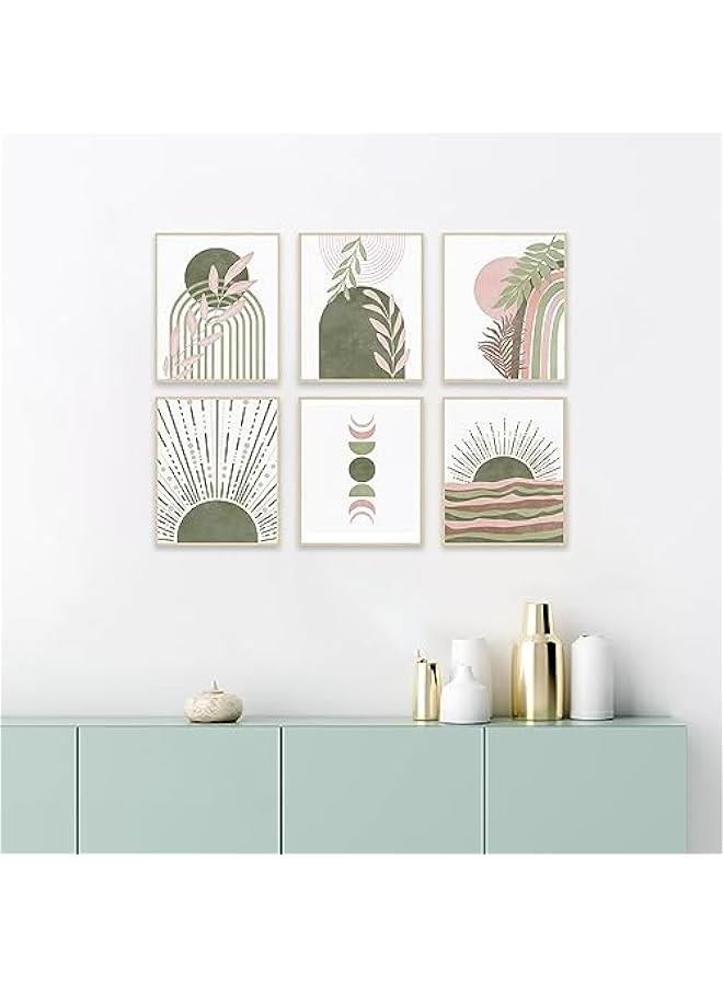 KBKBART مطبوعات فنية جدارية بنمط بوهو اخضر مريمي، ديكور حائط بوهو هندسي تجريدي على شكل ورقة شجر وقمر وخط قوس قزح، لوحات بوهو خضراء بسيطة لديكور غرفة النوم والمعرض وغرفة المعيشة والحمام وديكور المنزل (8×10 انش - Image 3