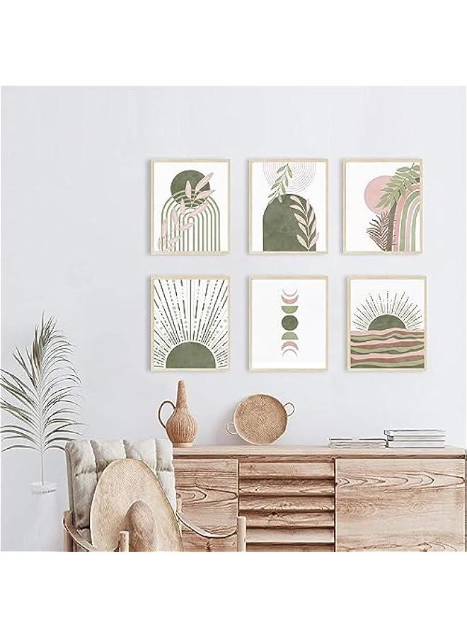 KBKBART مطبوعات فنية جدارية بنمط بوهو اخضر مريمي، ديكور حائط بوهو هندسي تجريدي على شكل ورقة شجر وقمر وخط قوس قزح، لوحات بوهو خضراء بسيطة لديكور غرفة النوم والمعرض وغرفة المعيشة والحمام وديكور المنزل (8×10 انش - Image 2
