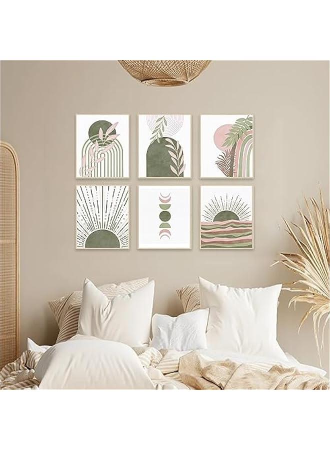 KBKBART مطبوعات فنية جدارية بنمط بوهو اخضر مريمي، ديكور حائط بوهو هندسي تجريدي على شكل ورقة شجر وقمر وخط قوس قزح، لوحات بوهو خضراء بسيطة لديكور غرفة النوم والمعرض وغرفة المعيشة والحمام وديكور المنزل (8×10 انش - Image 5