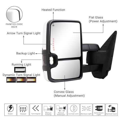 Sanooer Switchback Towing Mirror, for 2007-2014 Chevy Silverado GMC Sierra Tow Mirrors with Power Adjusted Heated Glass Running Light Turn Signal Light Backup Lamp Painted White 8624 - Image 3