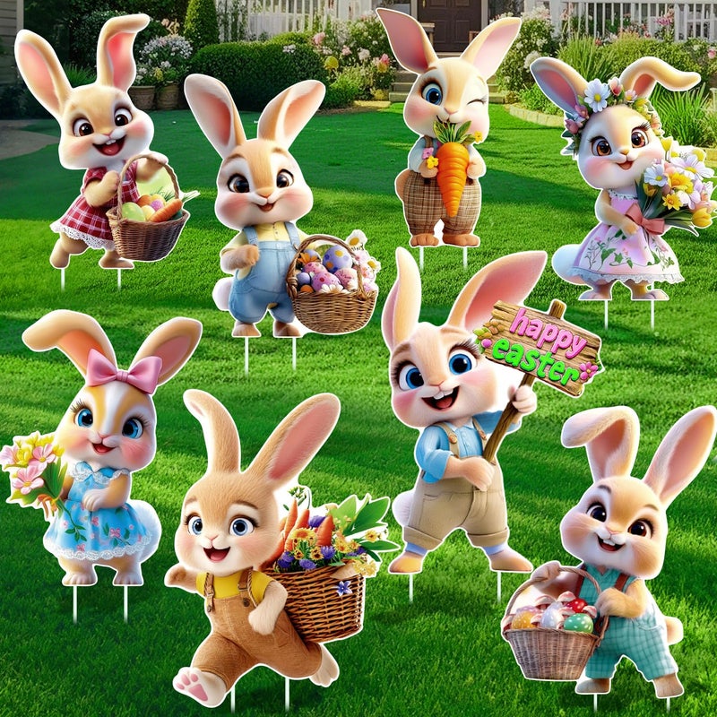 Uranus&No.1 8 PCS Easter Yard Decorations Outdoor, Outside Decoration for Yard, Waterproof Bunny Decorations, Cute 3D Plastic Rabbit Yard Signs with Stakes, Easter Lawn Ornaments for Garden Lawn Patio Home Decor - Image 1